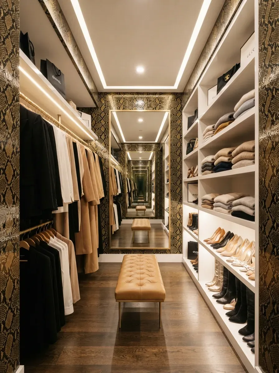 Walk-in closet with glossy black and gold python print wallpaper and organized neutral clothing