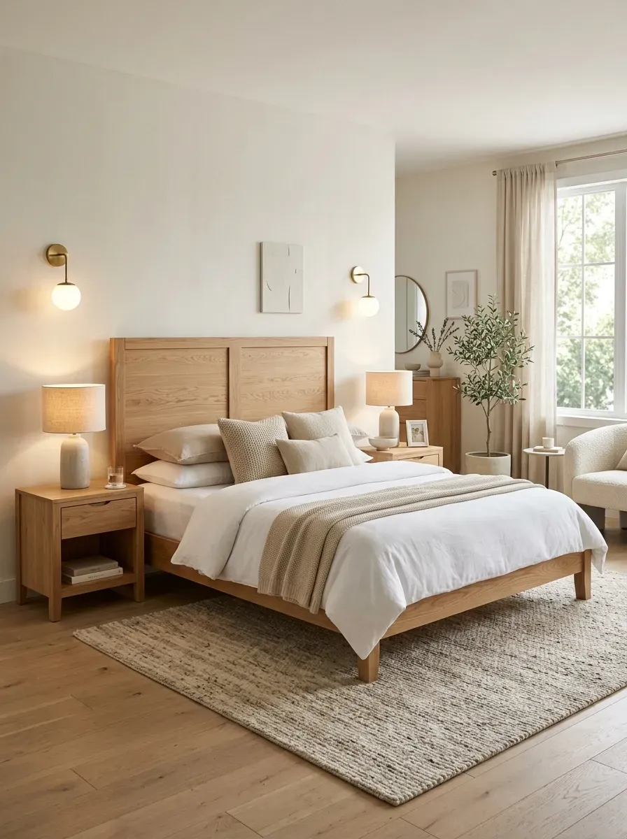 Queen wooden bed with wide headboard, neutral bedding, and balanced bedside styling