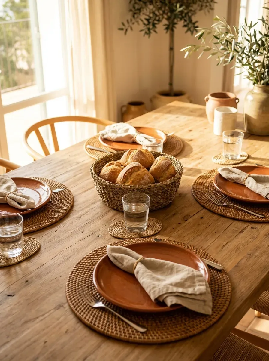 Earthy dinner table with rattan placemats, woven bread basket, and seagrass coasters