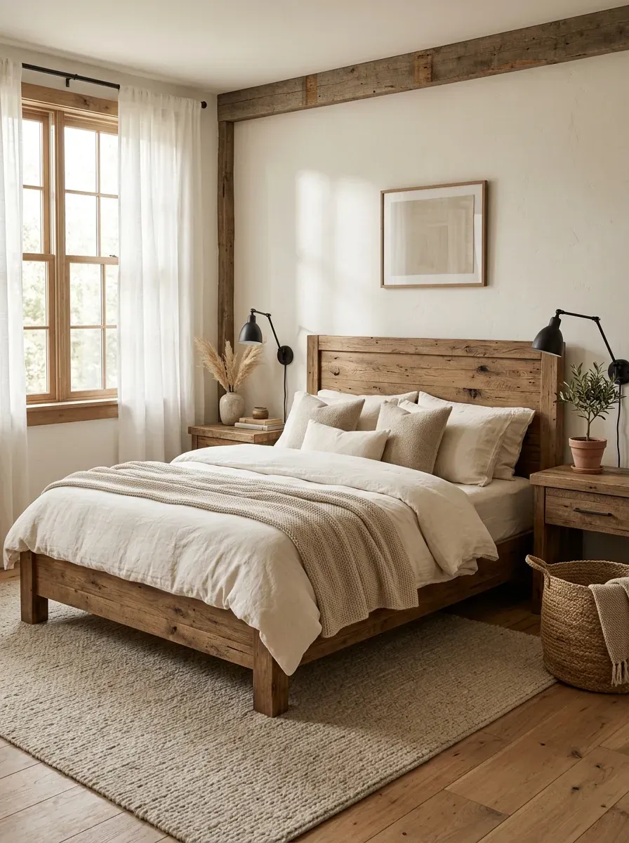 Rustic-modern wooden bed with reclaimed timber, cream bedding, and black accents