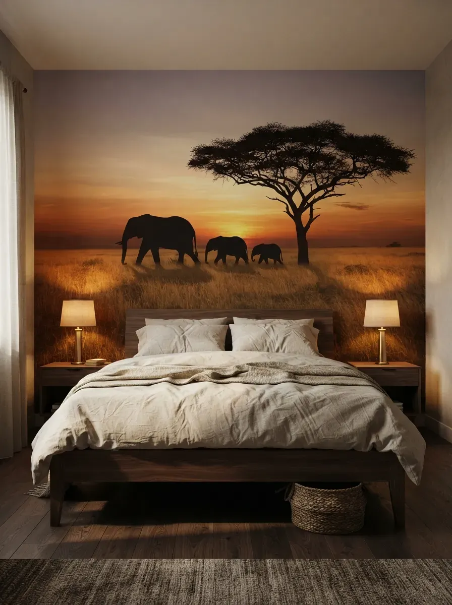 Bedroom with large safari landscape wallpaper mural of elephants and acacia trees at sunset