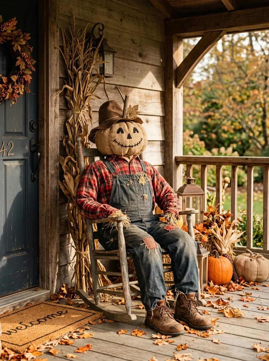 Life-size scarecrow seated beside Halloween door with corn stalks and autumn leaves