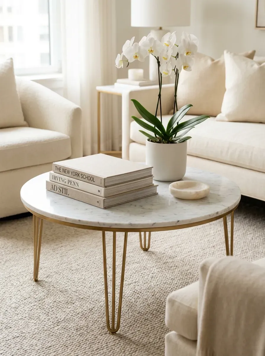 Classy living room with round marble coffee table art books and white orchid on wool rug