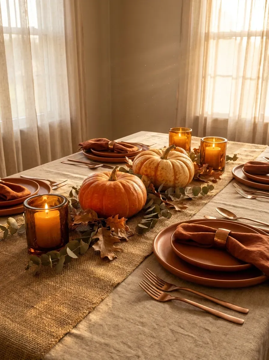 Autumn seasonal dinner table with pumpkins, amber candles, eucalyptus, and rustic wooden accents
