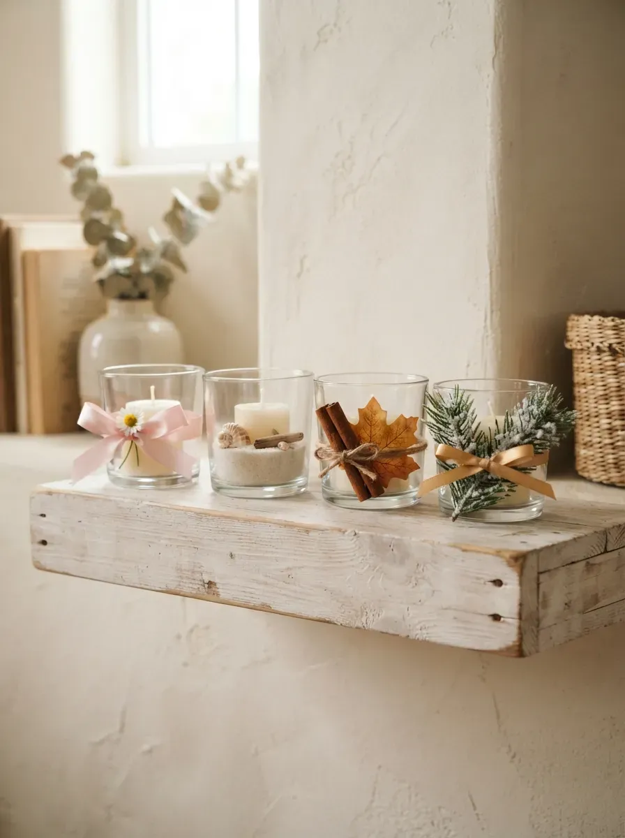 Four DIY candle holders styled for spring, summer, fall, and winter on a farmhouse shelf