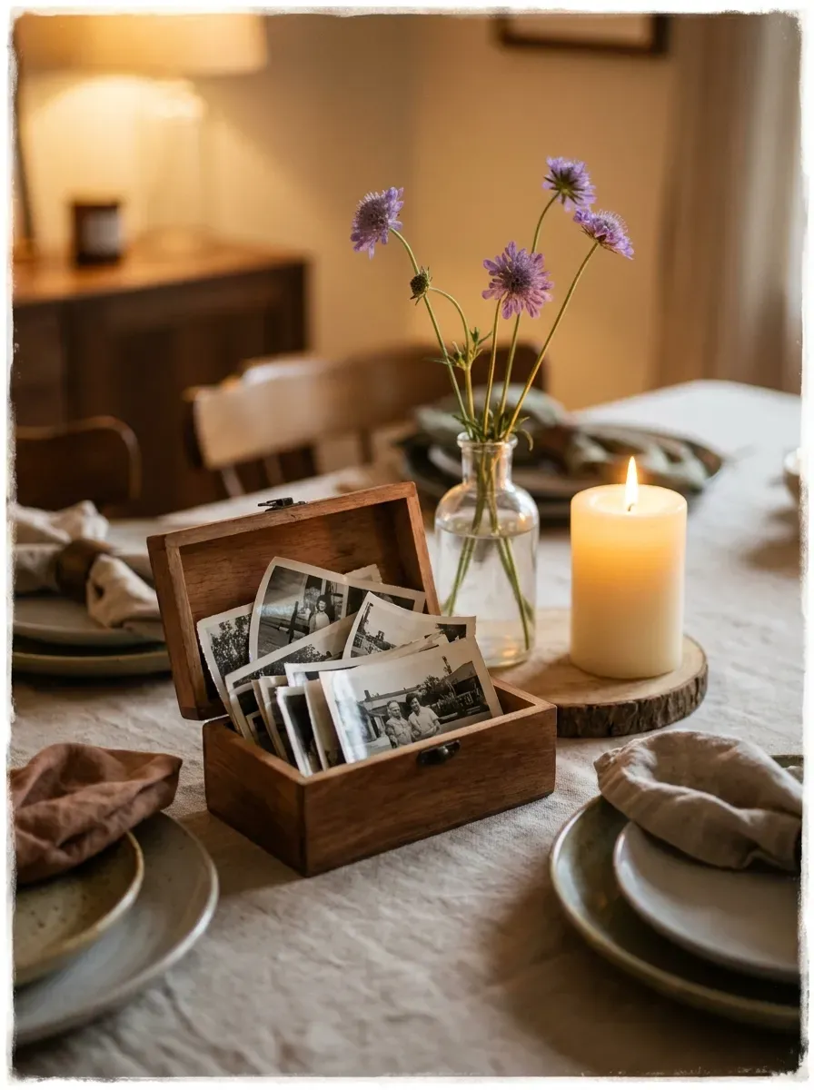 Wooden box of vintage family photos beside wildflowers and candle on intimate dinner table