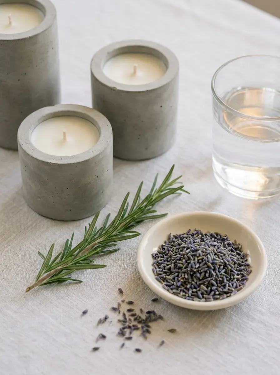 Soy candles in concrete vessels with rosemary sprig and dried lavender ceramic dish