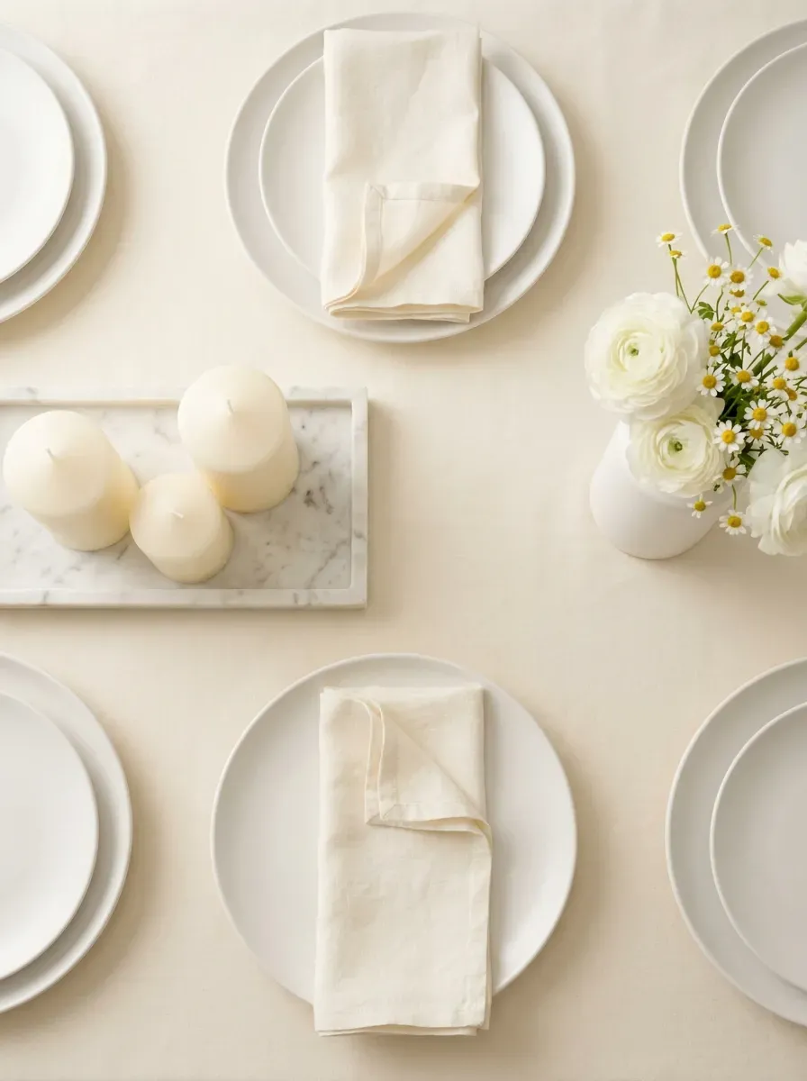 Monochromatic white and cream dinner table with candles, florals, and linens