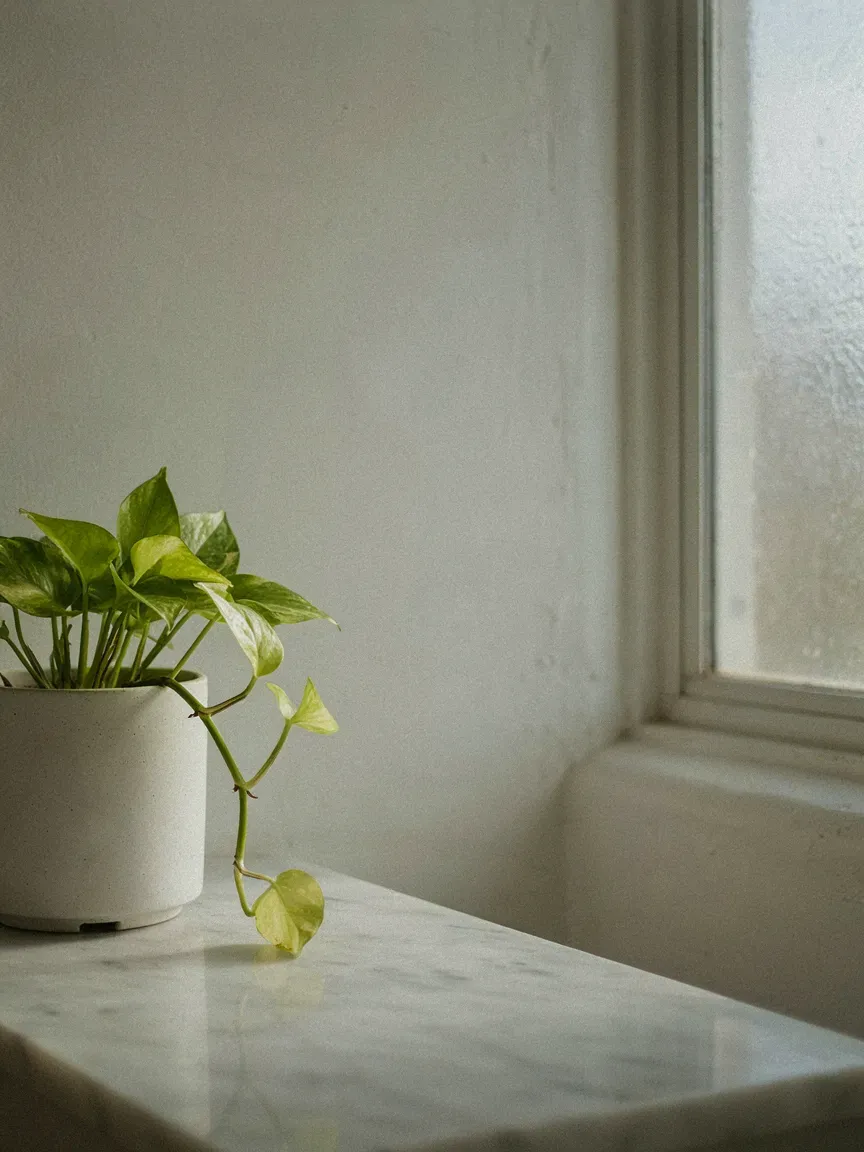 Small trailing pothos plant in white ceramic pot on clean marble bathroom vanity