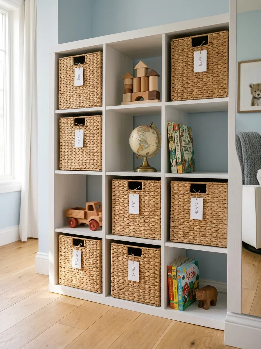 White cube shelving unit with wicker baskets and intentionally displayed wooden toys in a child's room