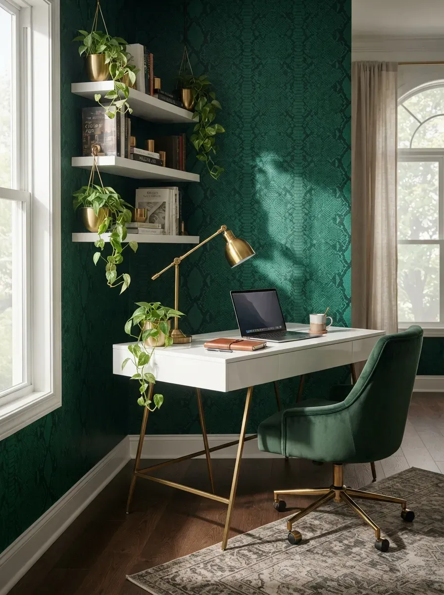 Stylish home office with deep emerald snake print wallpaper and gold accents