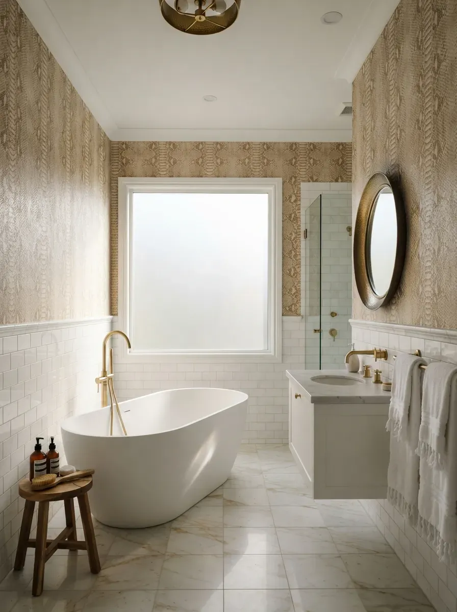 High-end bathroom with champagne and gold snakeskin wallpaper above white subway tile