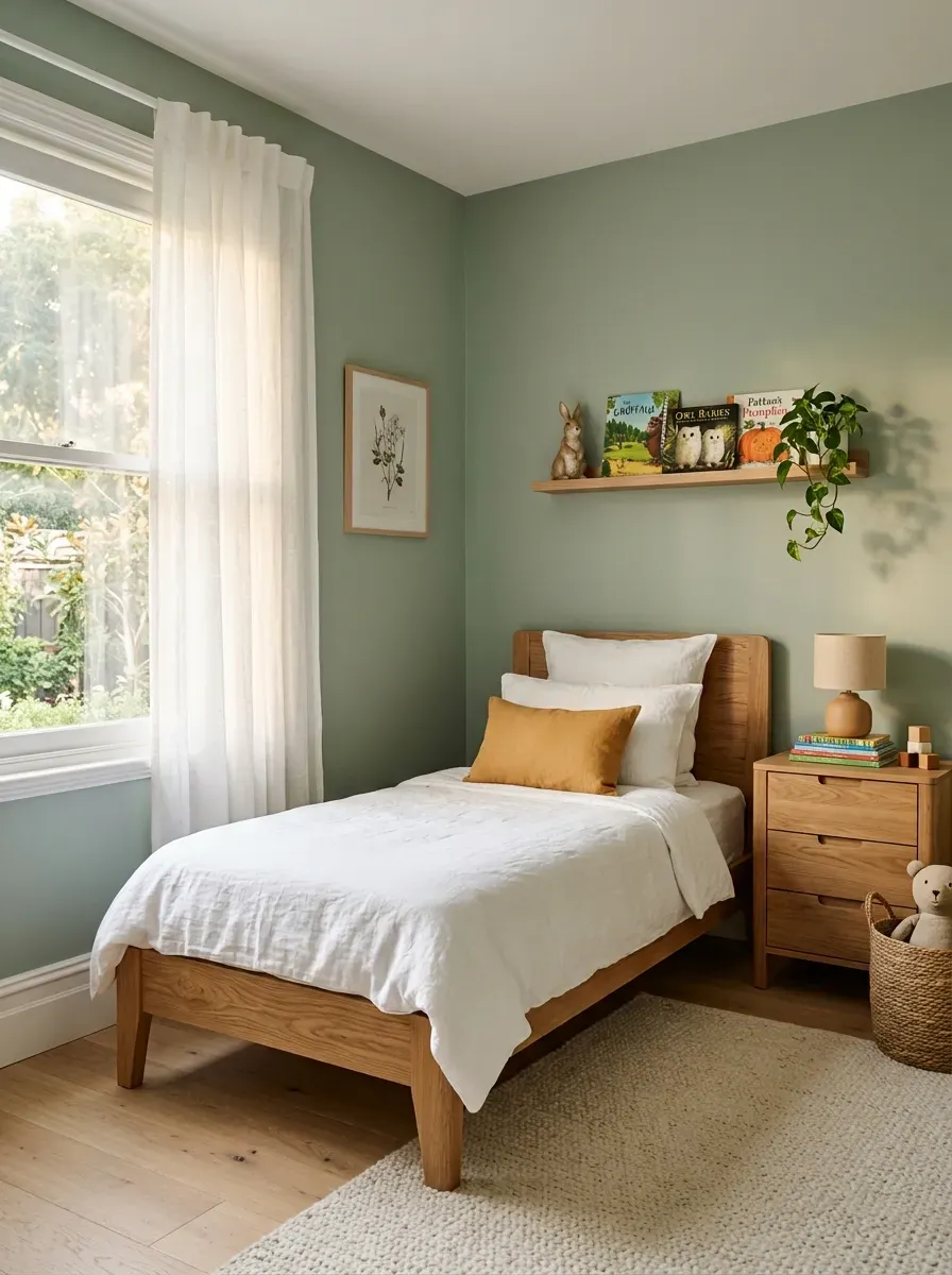 Sage green children's bedroom with natural oak furniture and white linen bedding