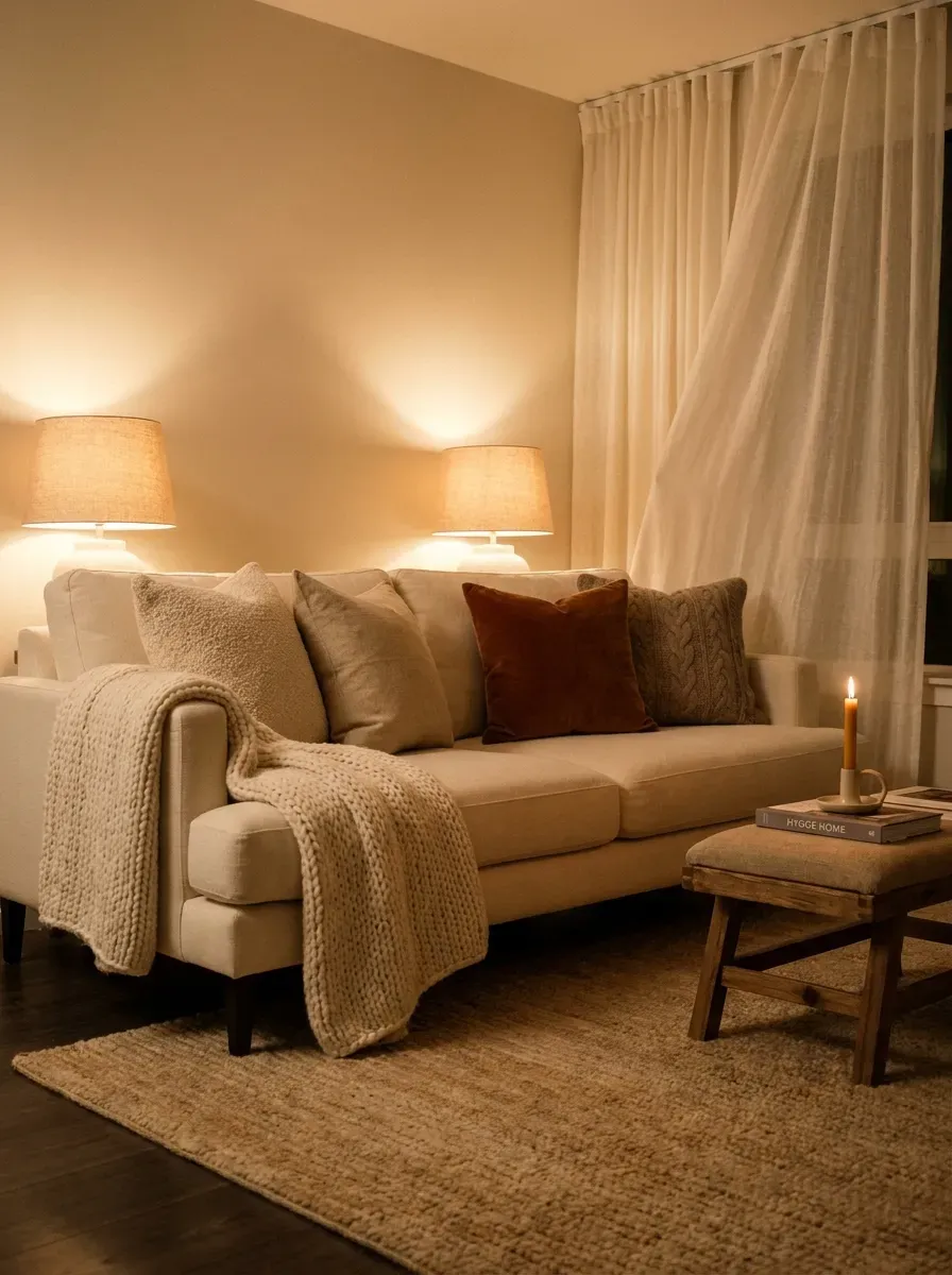 Cozy luxury living room with layered pillows soft rug and warm evening light
