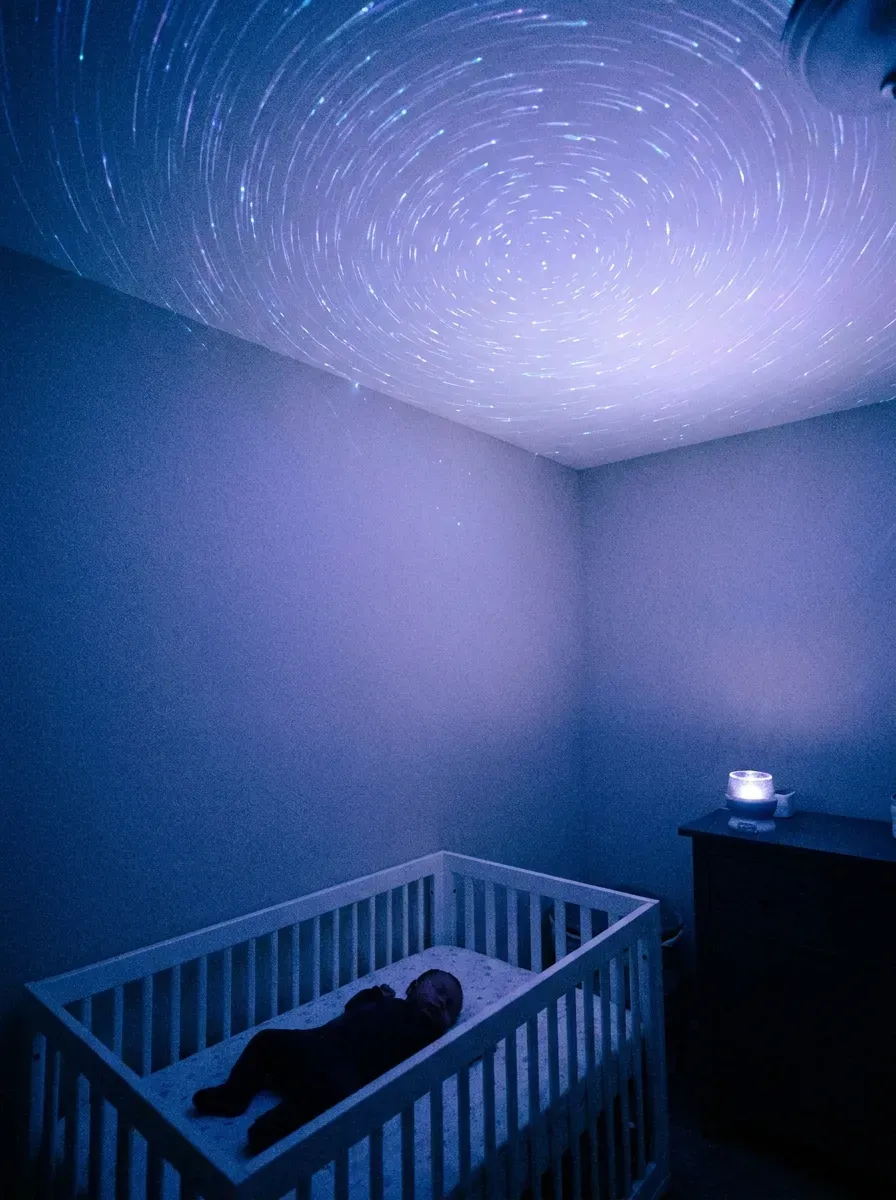 Galaxy star projector casting blue and purple stars across dark nursery ceiling above crib