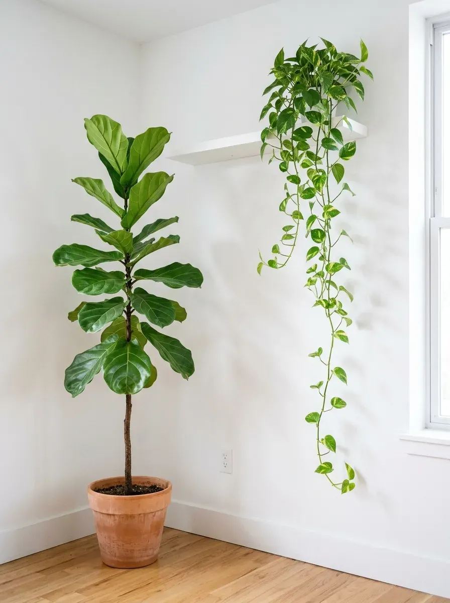 A tall fiddle leaf fig in a terracotta pot and a trailing pothos on a high shelf add life without clutter