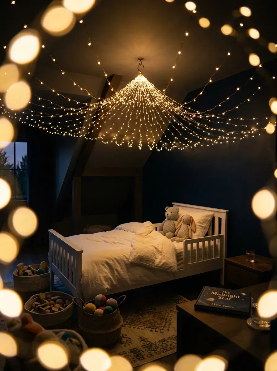 Warm fairy string lights arranged in a ceiling canopy above a child's bed at dusk