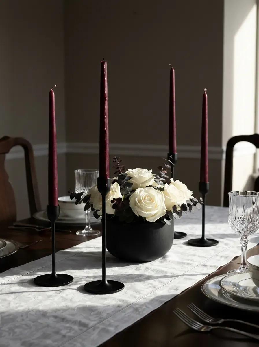 Five tall burgundy taper candles in matte black holders flanking white floral centerpiece