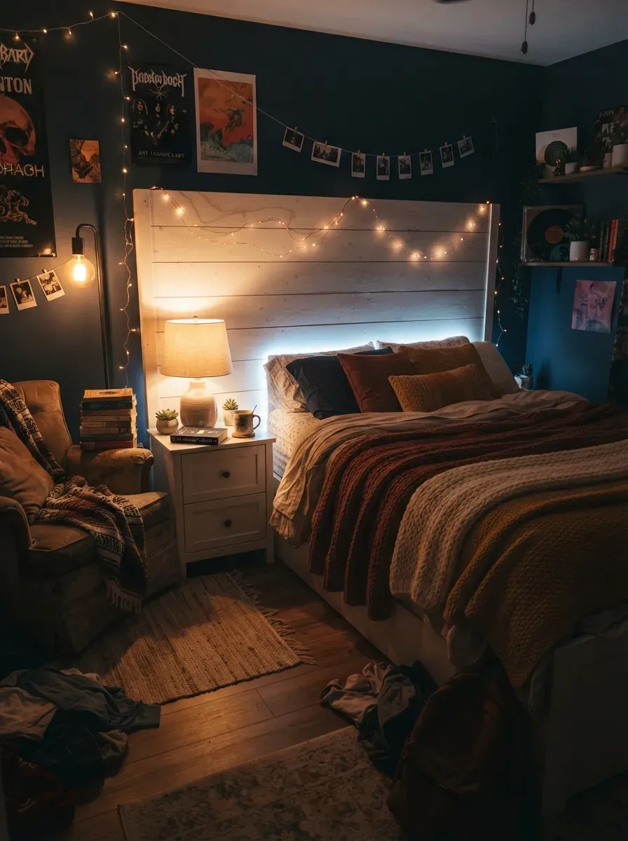 Dreamy teen bedroom glowing with warm fairy lights bedside lamp and LED strip lighting