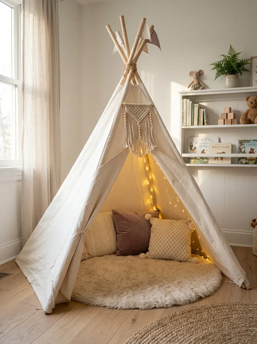 White canvas teepee with fairy lights and cushions styled in a corner of a children's bedroom