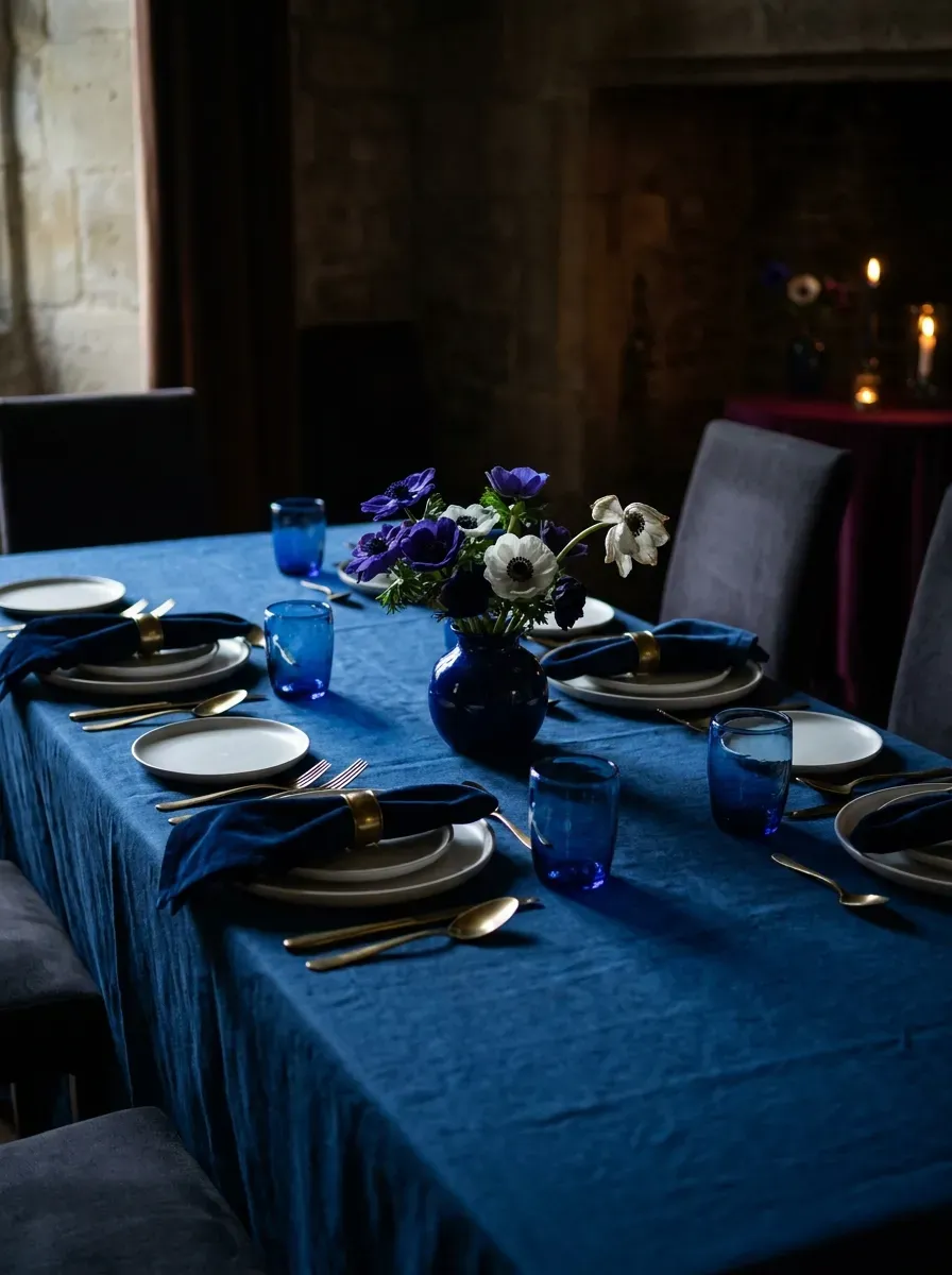 Jewel-toned dinner table with sapphire linen, navy napkins, cobalt glass, and gold cutlery