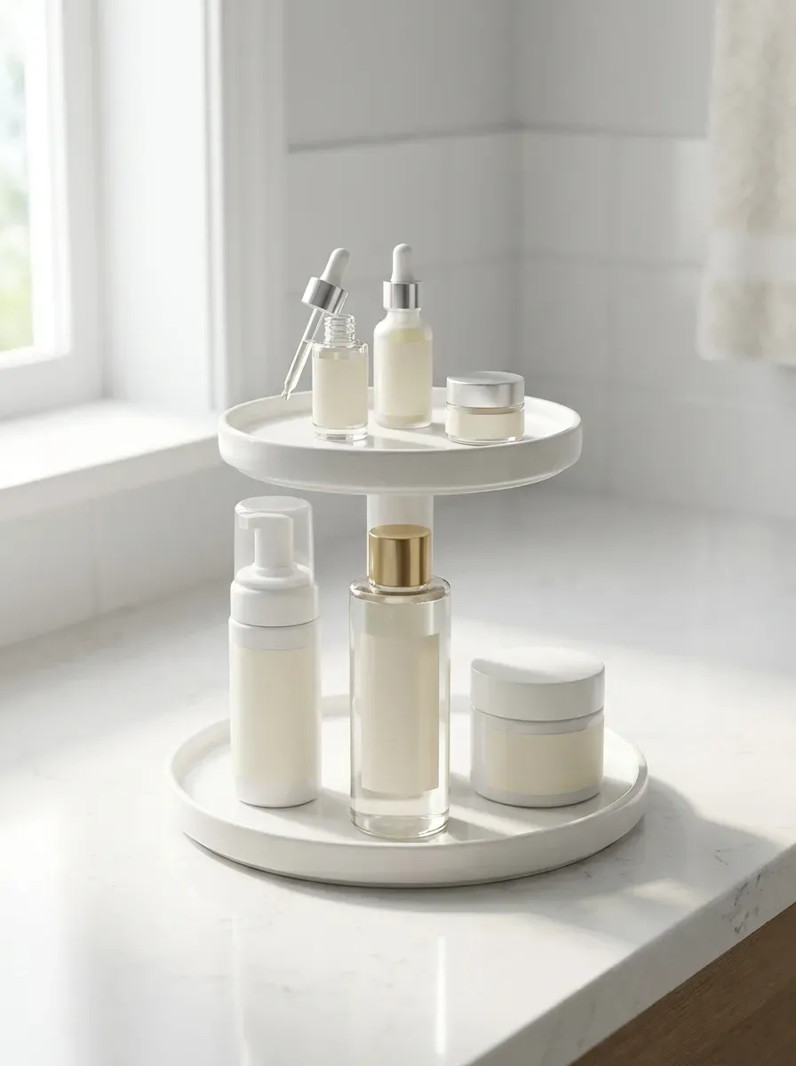 Two-tier white ceramic stand on bathroom counter holding arranged skincare bottles by size