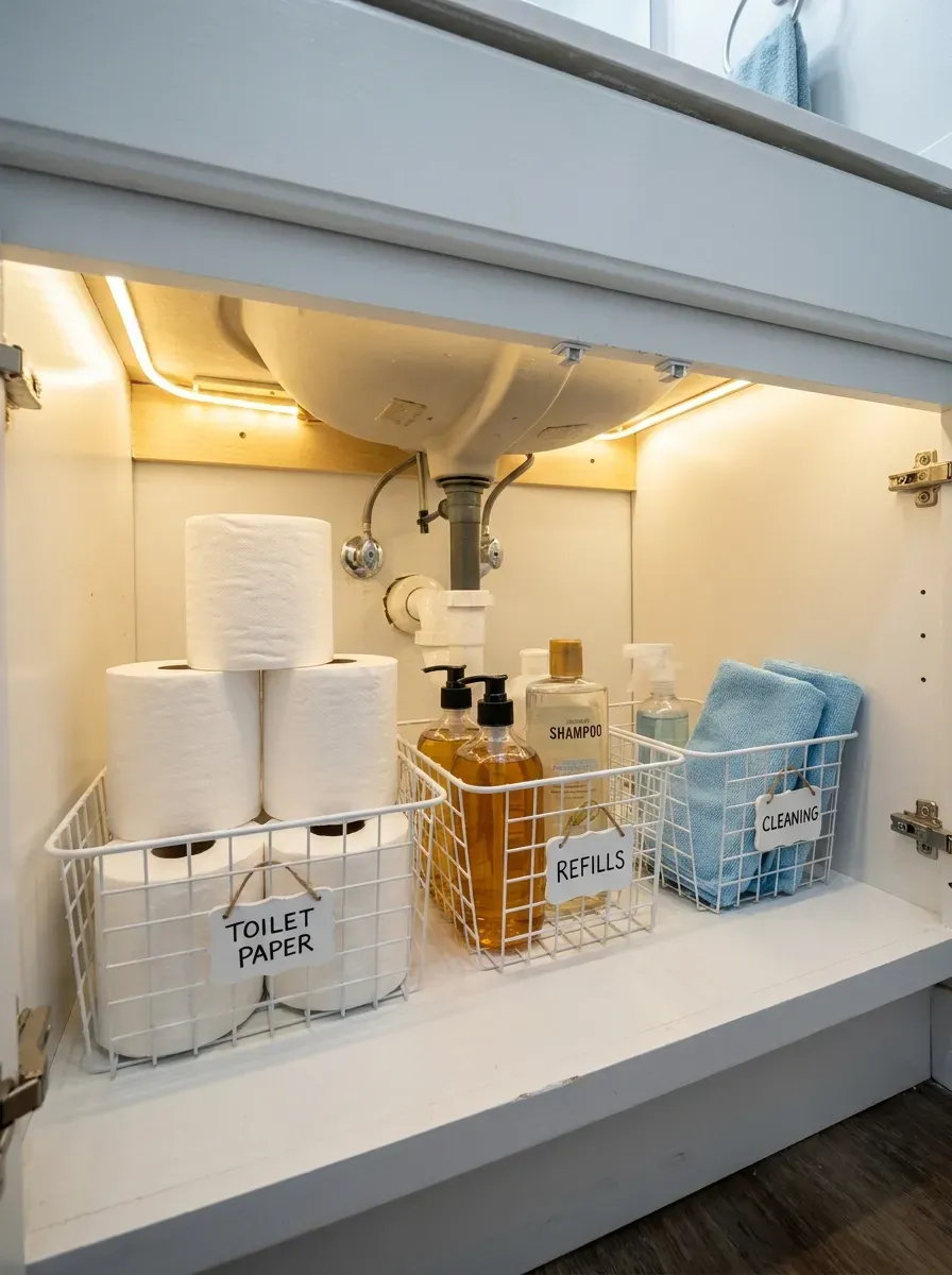 Open under-sink bathroom cabinet with white wire baskets holding labeled backup supplies