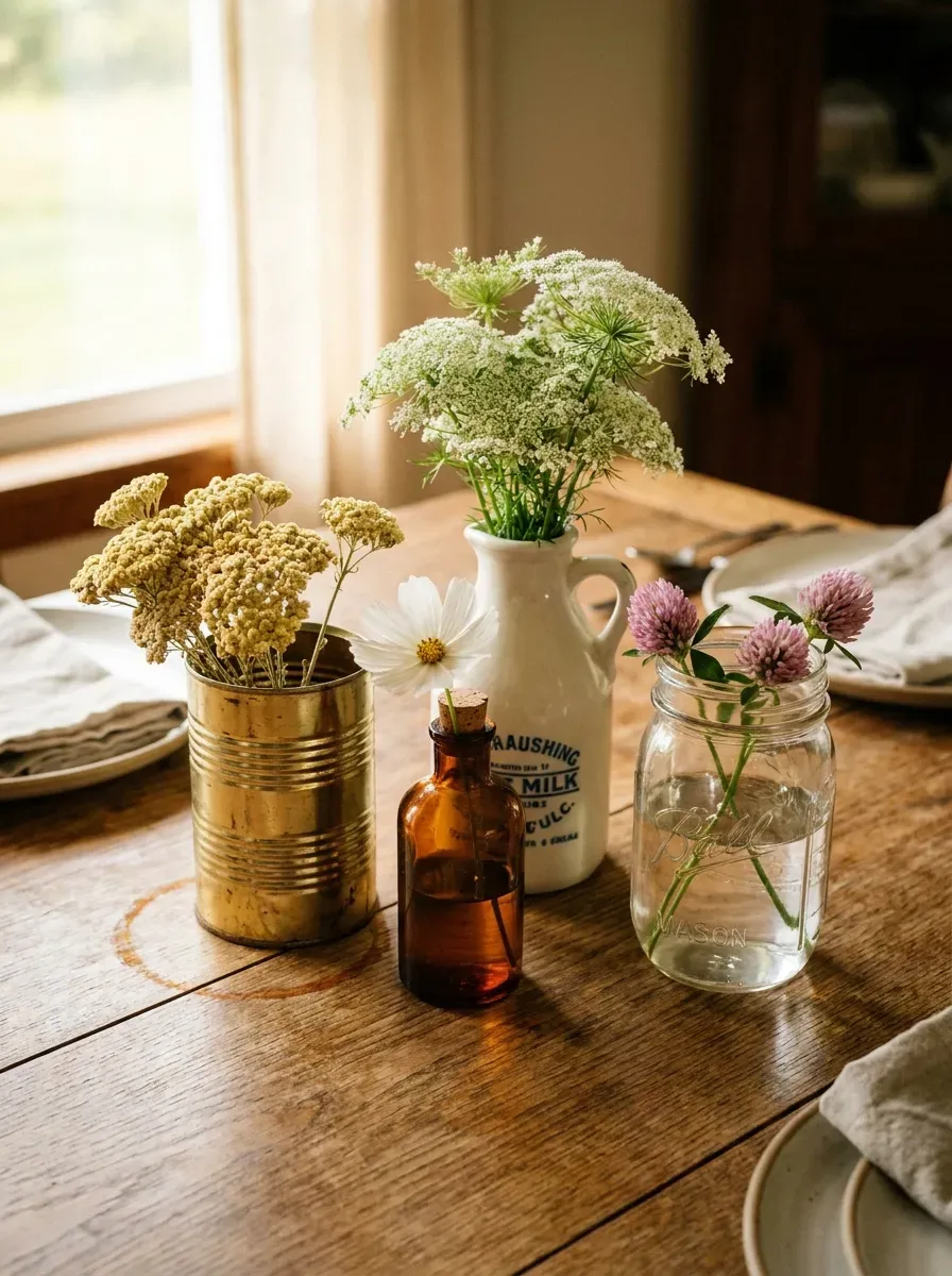 Wildflowers arranged in tin cans, glass bottles, milk jug, and mason jar on wood table