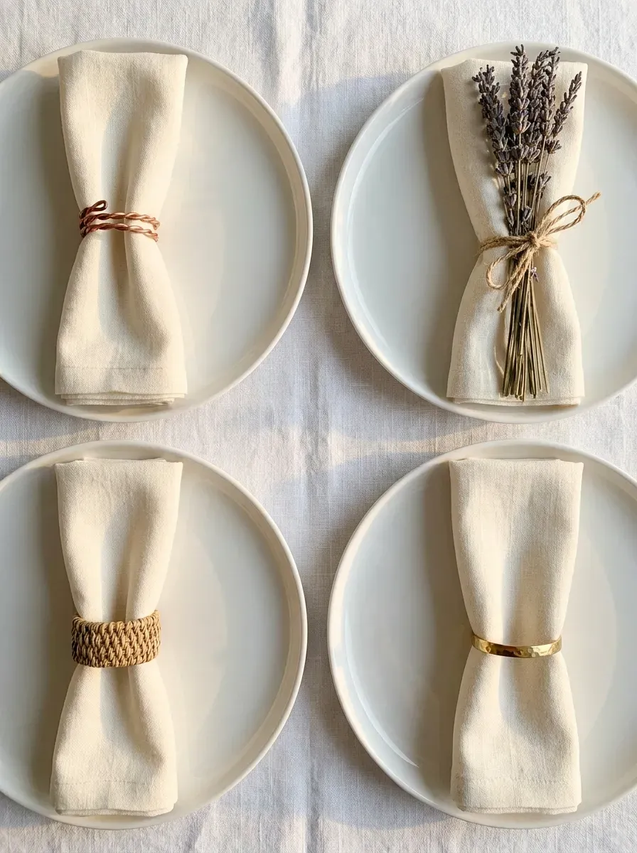 Four dinner plates with handmade napkin rings in copper wire, lavender, woven, and gold