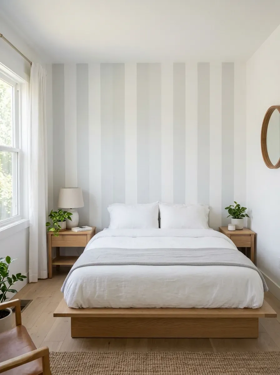 A small bedroom accent wall with soft vertical white and pale gray stripes makes the ceiling feel taller