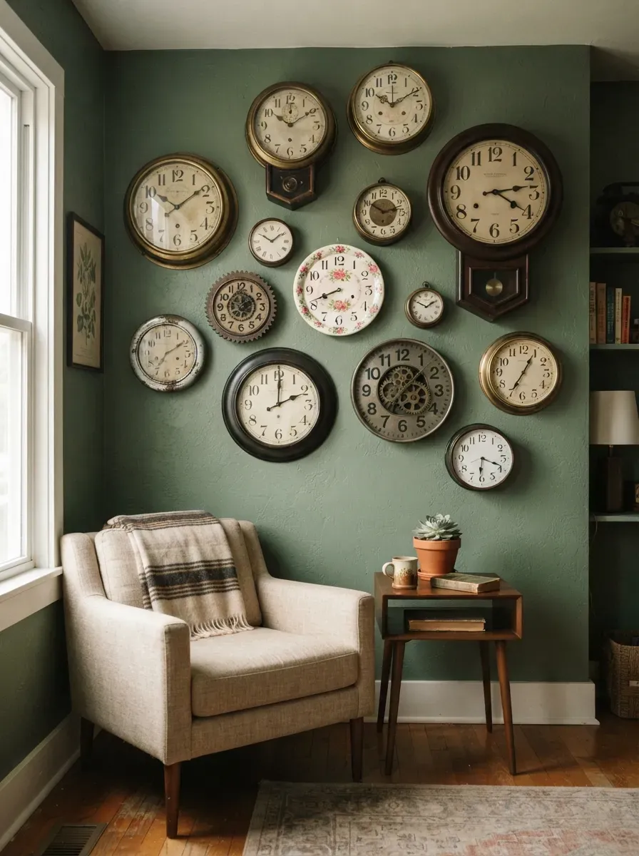 Twelve mismatched vintage wall clocks arranged asymmetrically on warm ivory wall