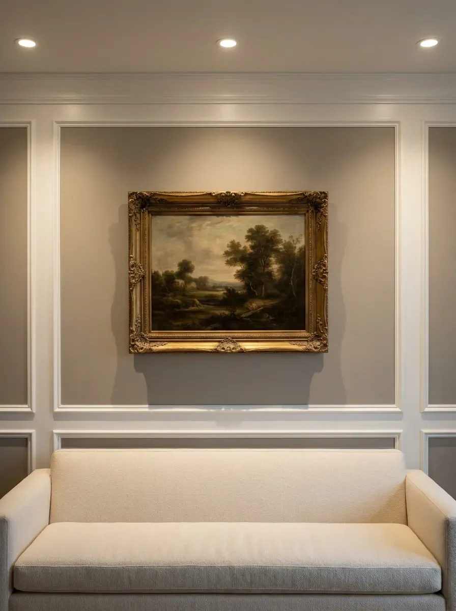 Classy living room with white wall paneling crown molding and vintage oil painting