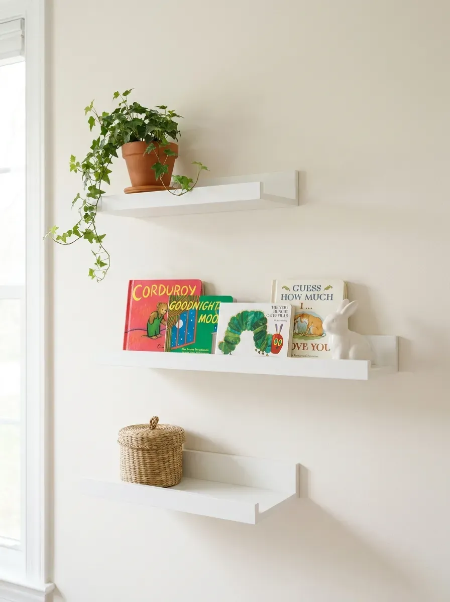 Three staggered white floating shelves holding books, plant, and ceramic bunny
