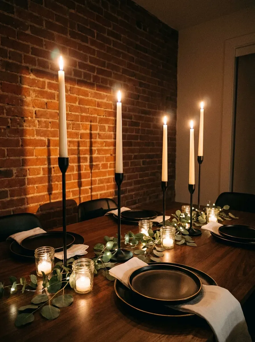 Dinner table glowing with layered taper candles and fairy lights in cozy evening ambiance