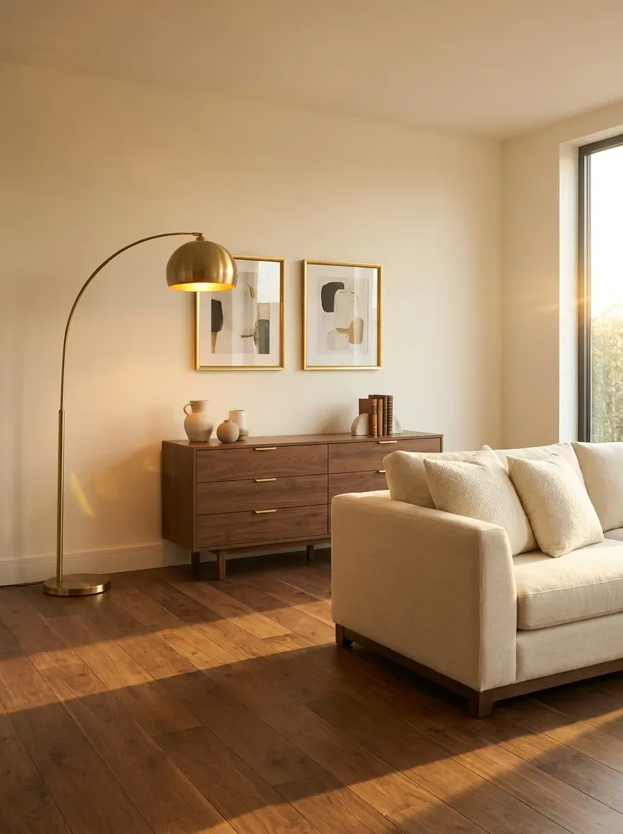 Classy living room with brass floor lamp gold-framed art and walnut sideboard