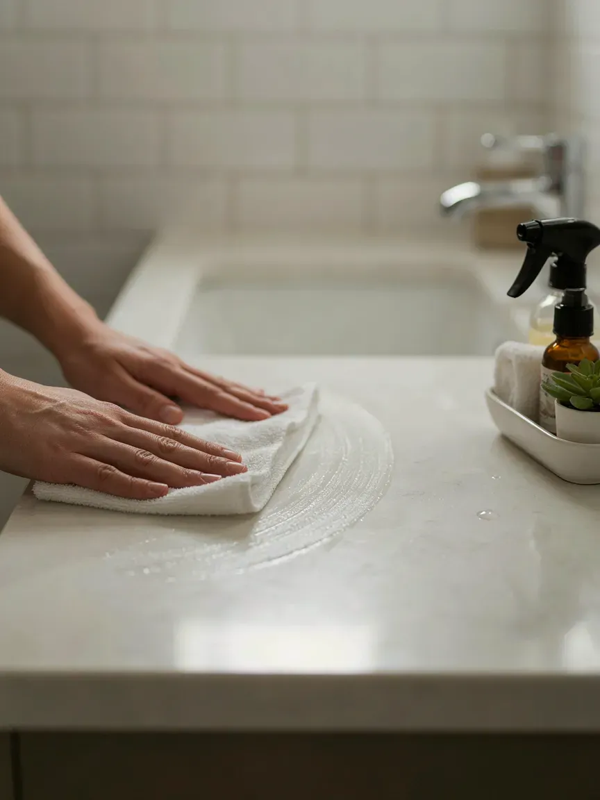 Hands wiping clean white bathroom counter with microfiber cloth during weekly reset routine
