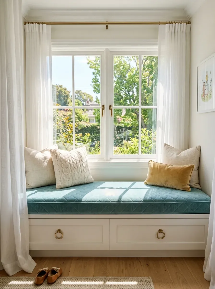 Teal velvet window seat with throw pillows and hidden drawer storage beneath a double window