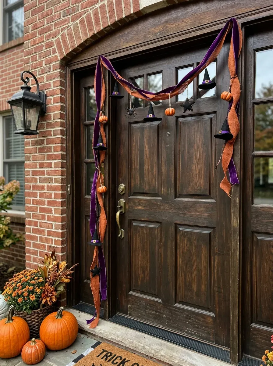 Mini black witch hats and colorful ribbon form festive Halloween door garland