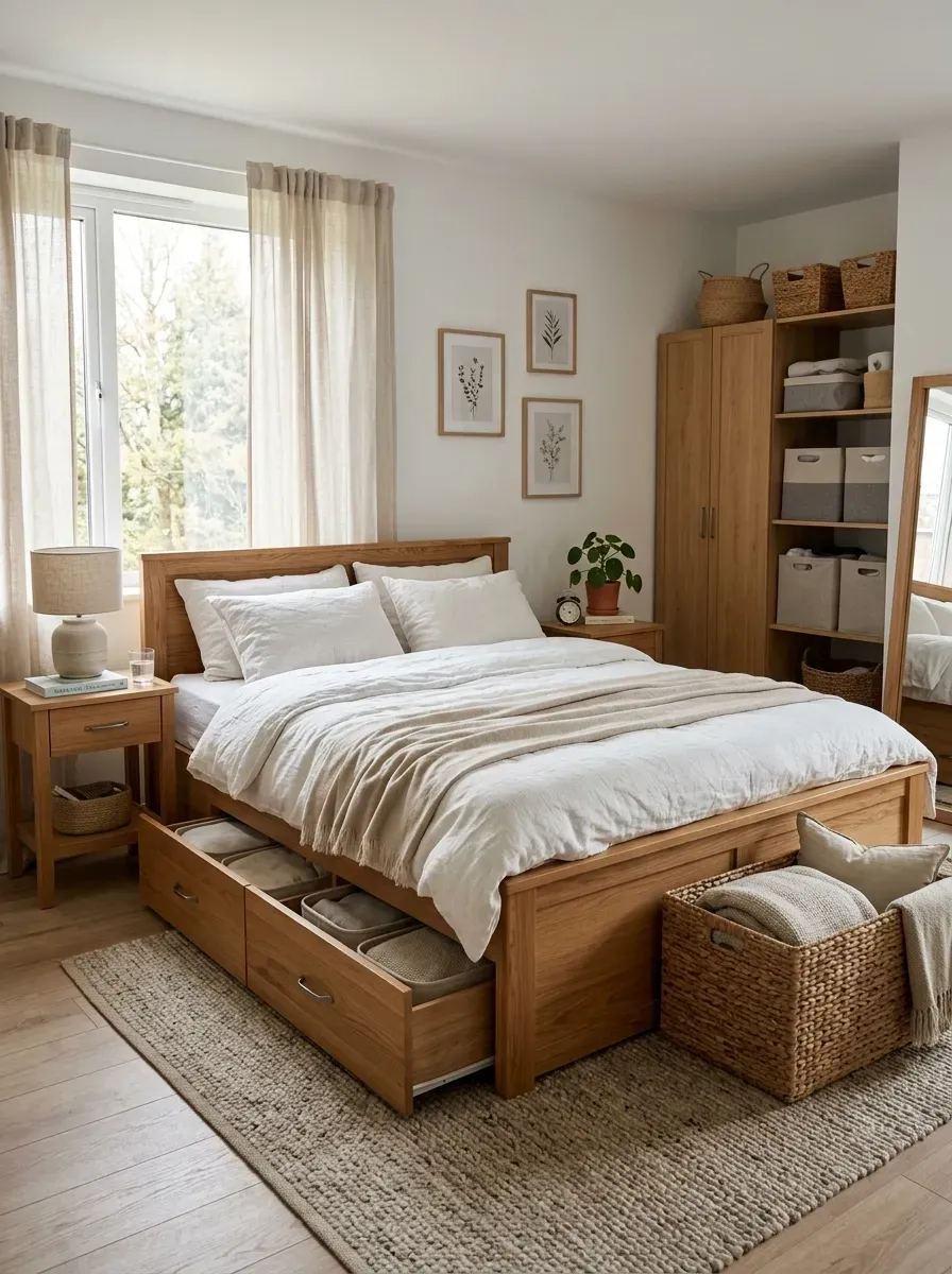 Modern wooden storage bed with drawers, baskets, and organized neutral bedroom decor