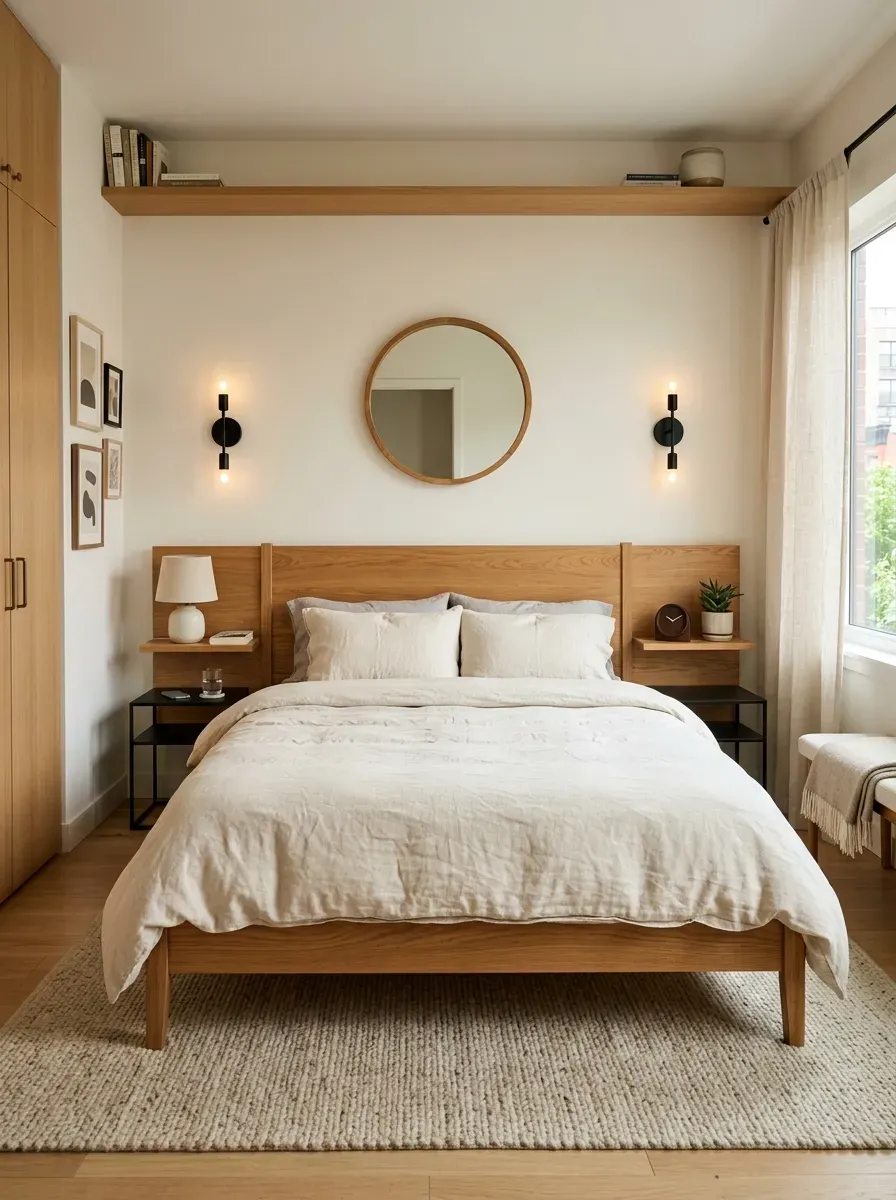 Modern wooden bed with integrated shelves, warm oak finish, and practical bedside storage