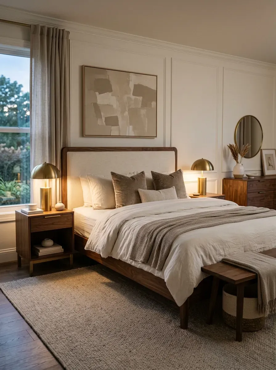 Wooden bed with upholstered headboard, neutral bedding, and warm sophisticated accents