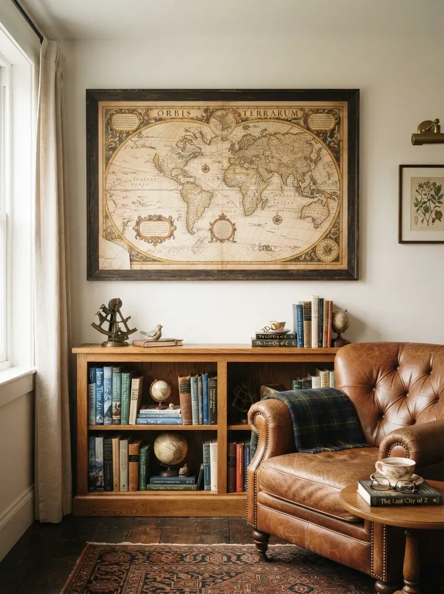 Large vintage-style world map print in sepia tones centered on warm white wall