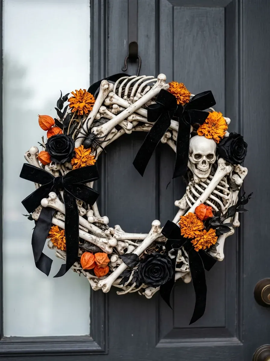 Gothic Halloween wreath combines white bones, skulls, ribbons, flowers, and spider