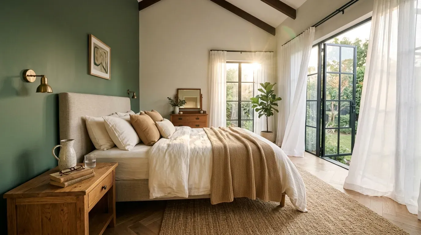 Styled master bedroom with sage green accent wall and warm natural light