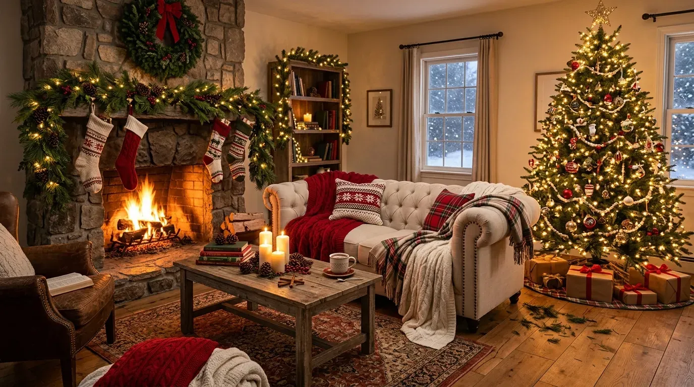 Warmly lit living room with fireplace, Christmas tree, and festive holiday decor