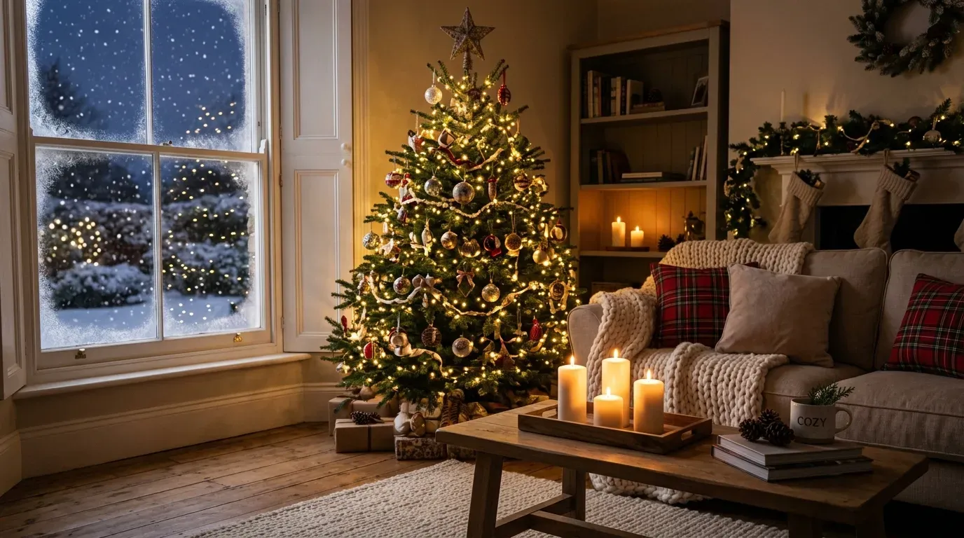 A glowing Christmas tree illuminates a warm cozy living room at night
