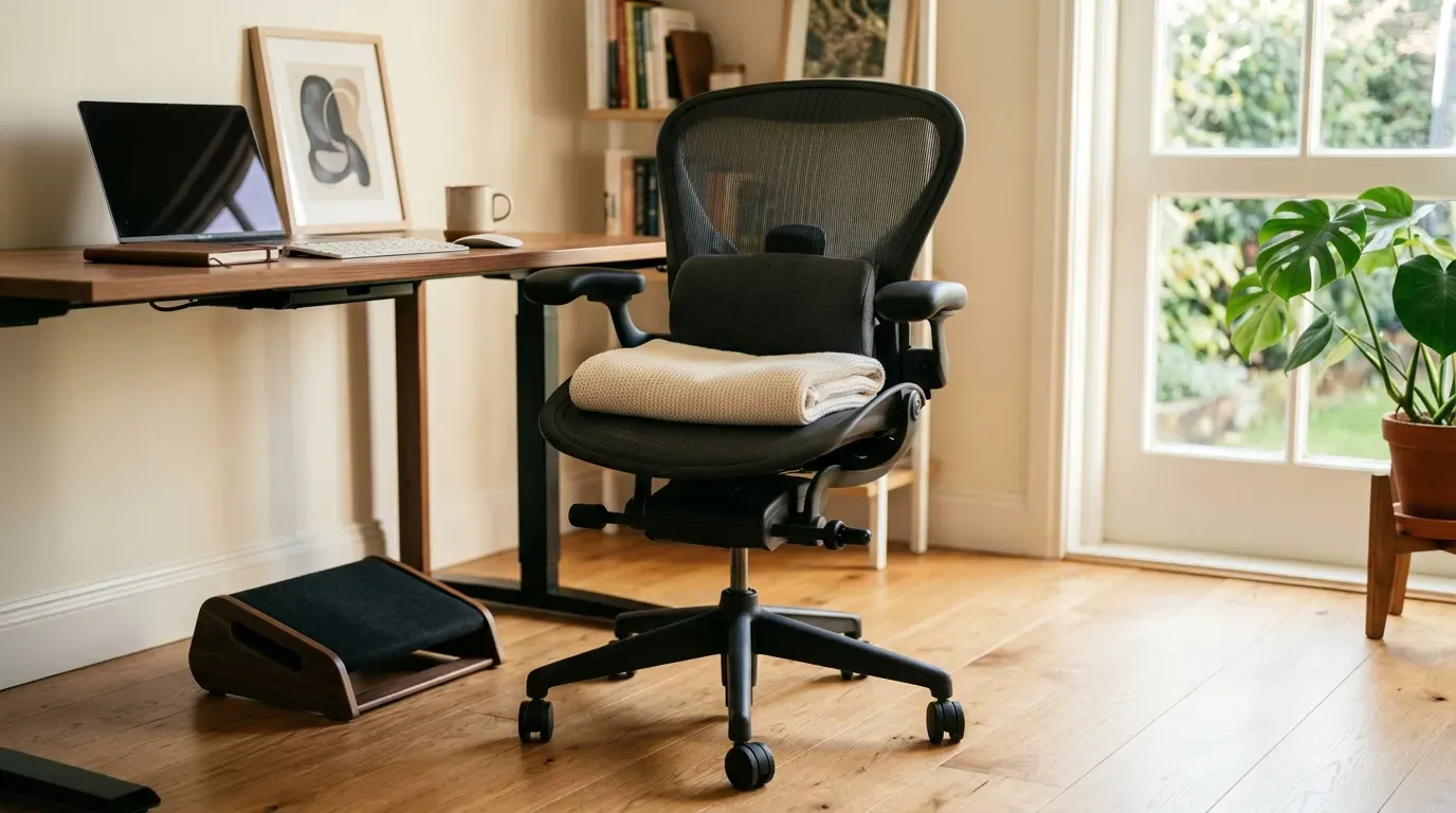 A modern ergonomic desk chair bathed in natural sunlight in a home office