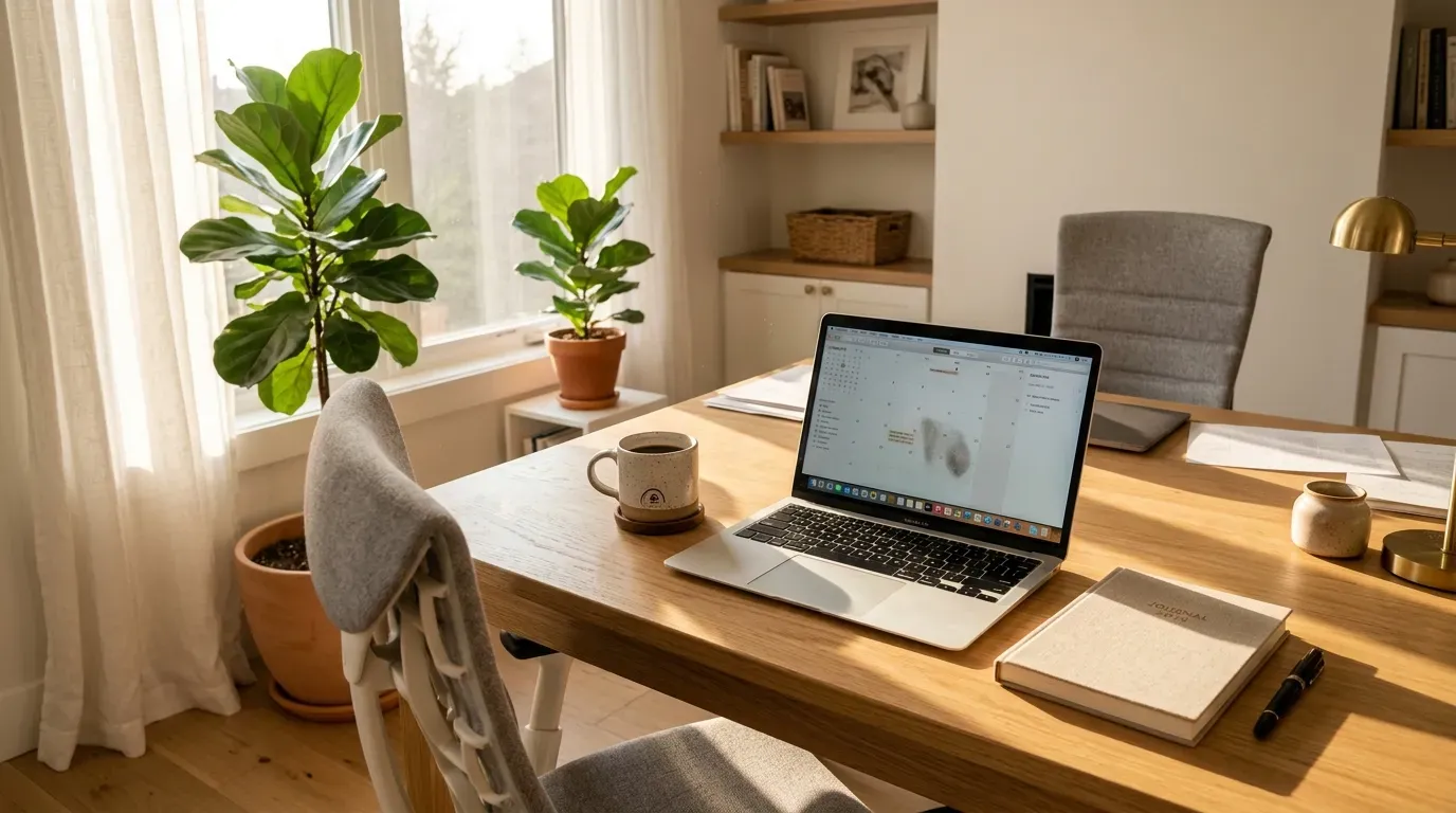A bright modern home office with an ergonomic chair and wooden desk
