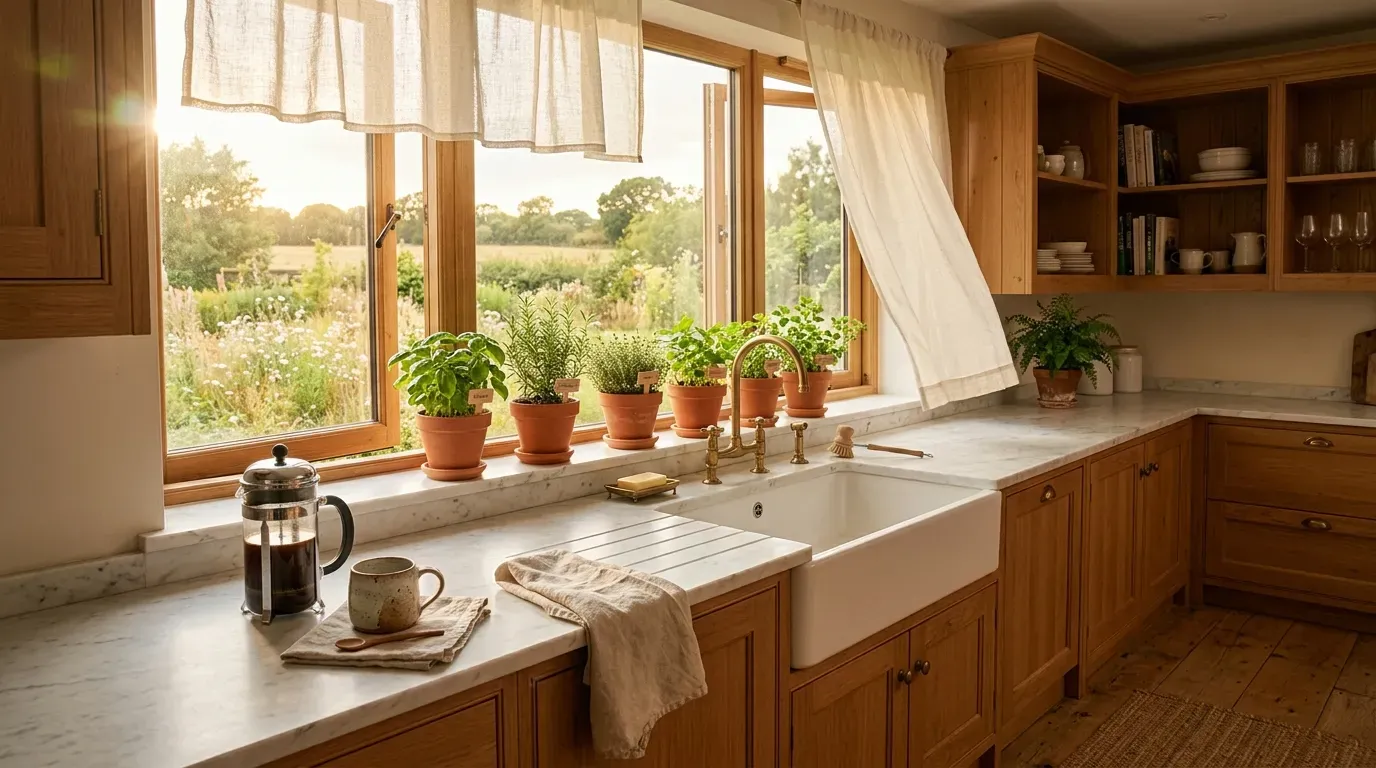 Sun-drenched farmhouse kitchen with large window flooding marble countertops with golden light