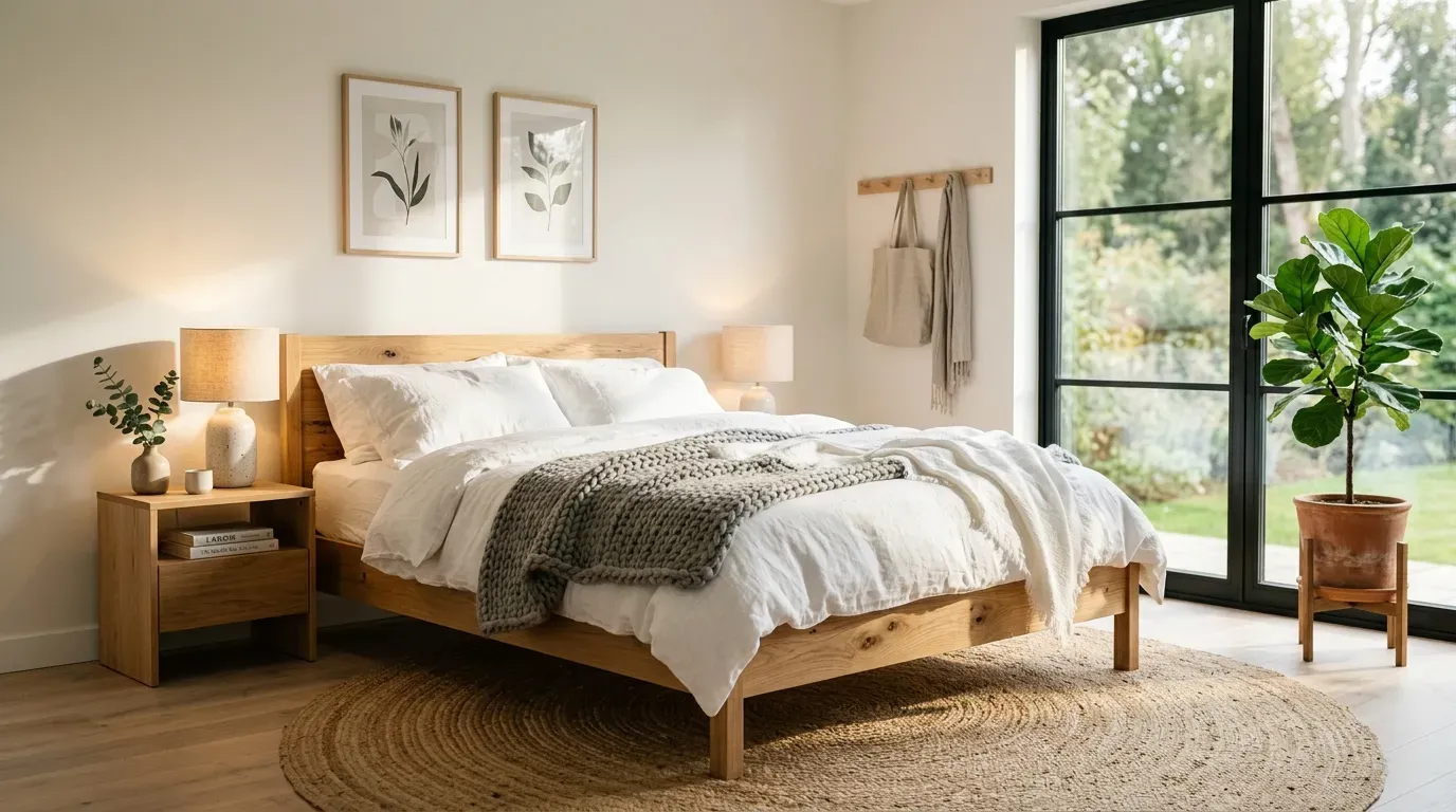 A bright modern bedroom with a natural oak wooden bed and white bedding